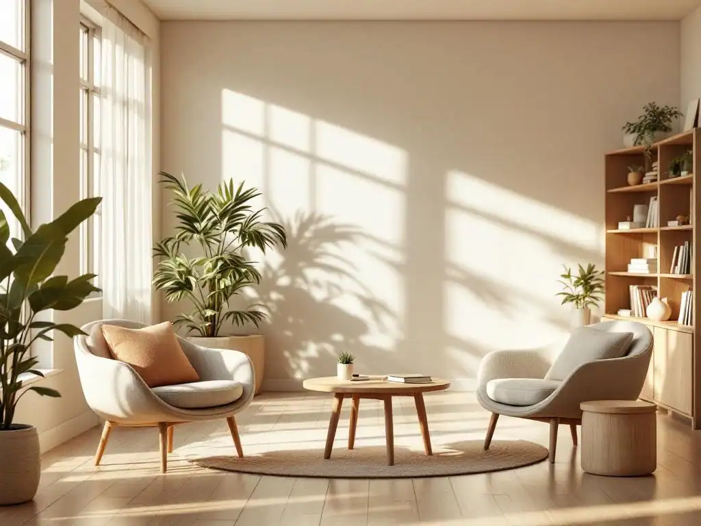 Serene klaslokaal met houten meubels, leesstoelen, ronde tafel en natuurlijk licht door grote ramen