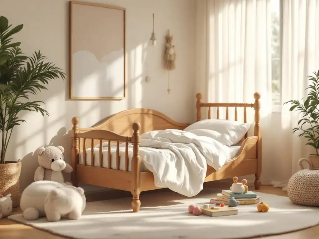 Houten peuterbed met witte beddengoed in gezellige kinderkamer met speelgoed en boeken