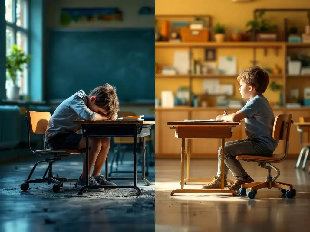 Kind in slechte klaslokaal links versus hetzelfde kind in ergonomische, goed verlichte leeromgeving rechts