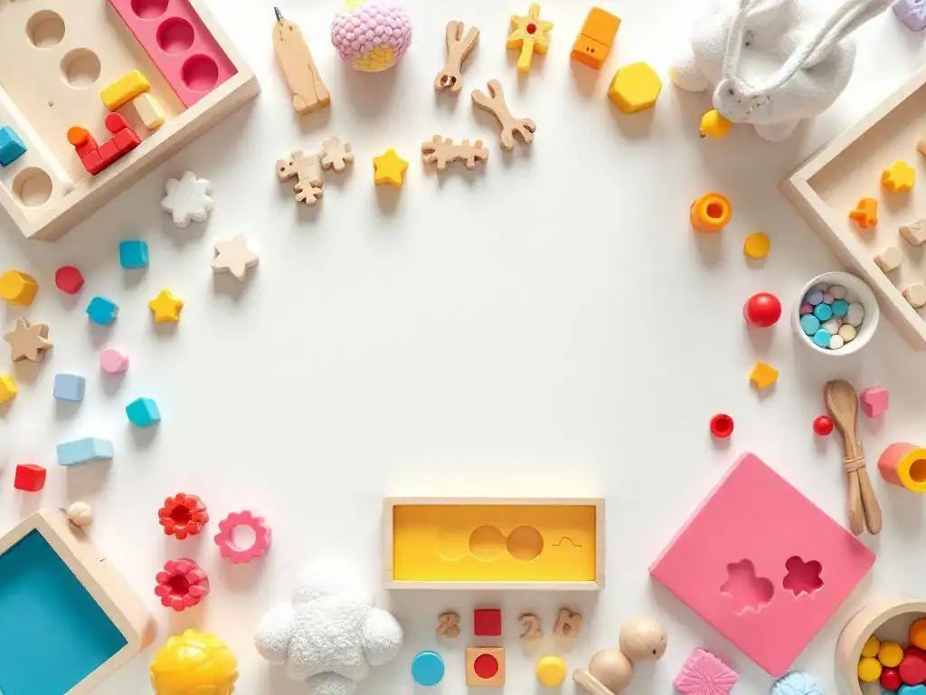 Kleurrijk houten educatief speelgoed en leermaterialen gerangschikt op witte ondergrond in kindvriendelijke leeromgeving