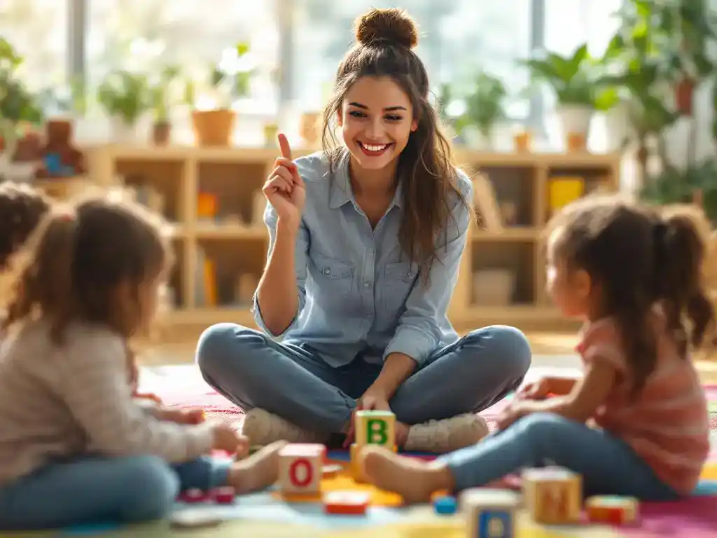 Vrolijke basisschoolleraar met jonge kinderen op kleurrijk klaslokaalvloerkleed met houten letterblokken en telbeertjes