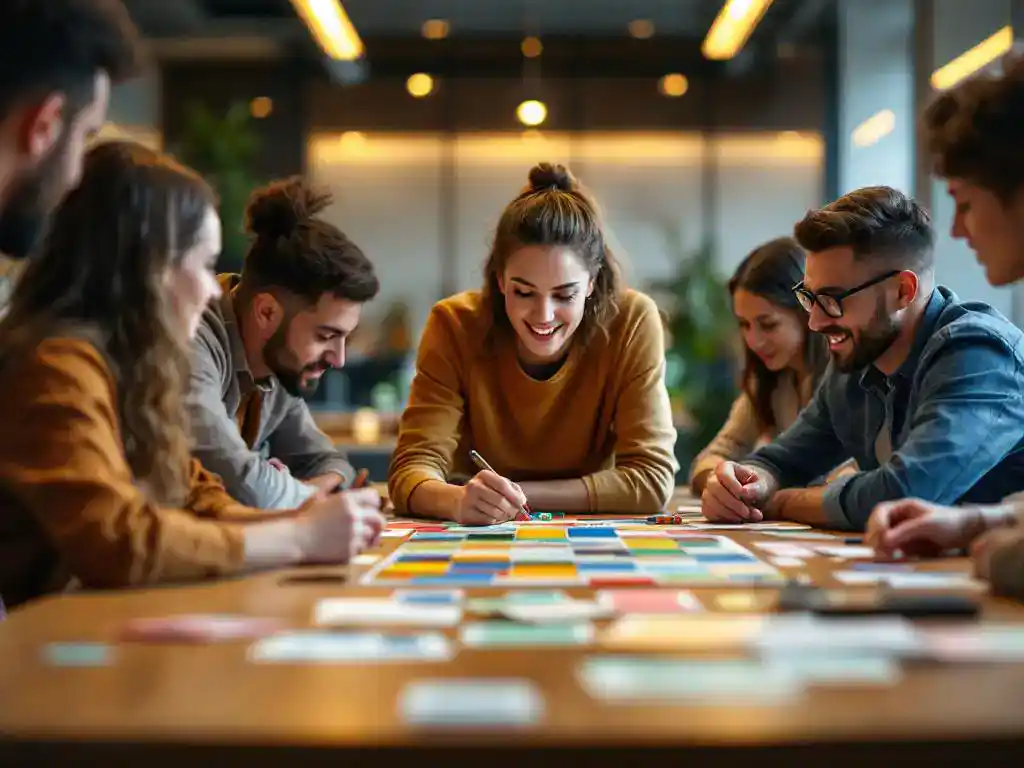 Professionele trainer demonstreert educatief bordspel aan groep werknemers rond moderne vergadertafel