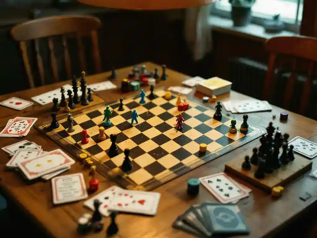 Houten speltafel met aangepaste bordspellen: schaakset met dobbelstenen, gemodificeerde speelkaarten en Monopoly