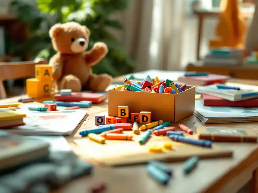 Houten tafel met kleurrijke educatieve materialen voor kinderen: alfabetblokken, prentenboeken, krijt en knuffelbeer