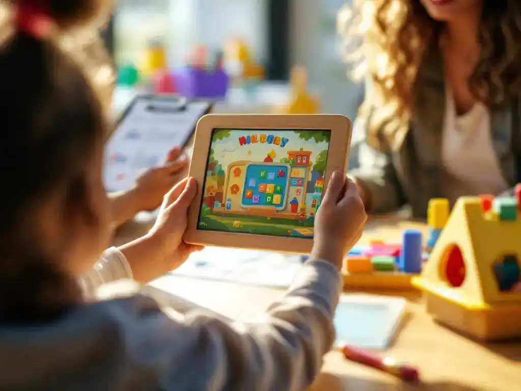 Kind speelt educatief spel op houten tablet terwijl leraar toekijkt in klaslokaal met leermaterialen