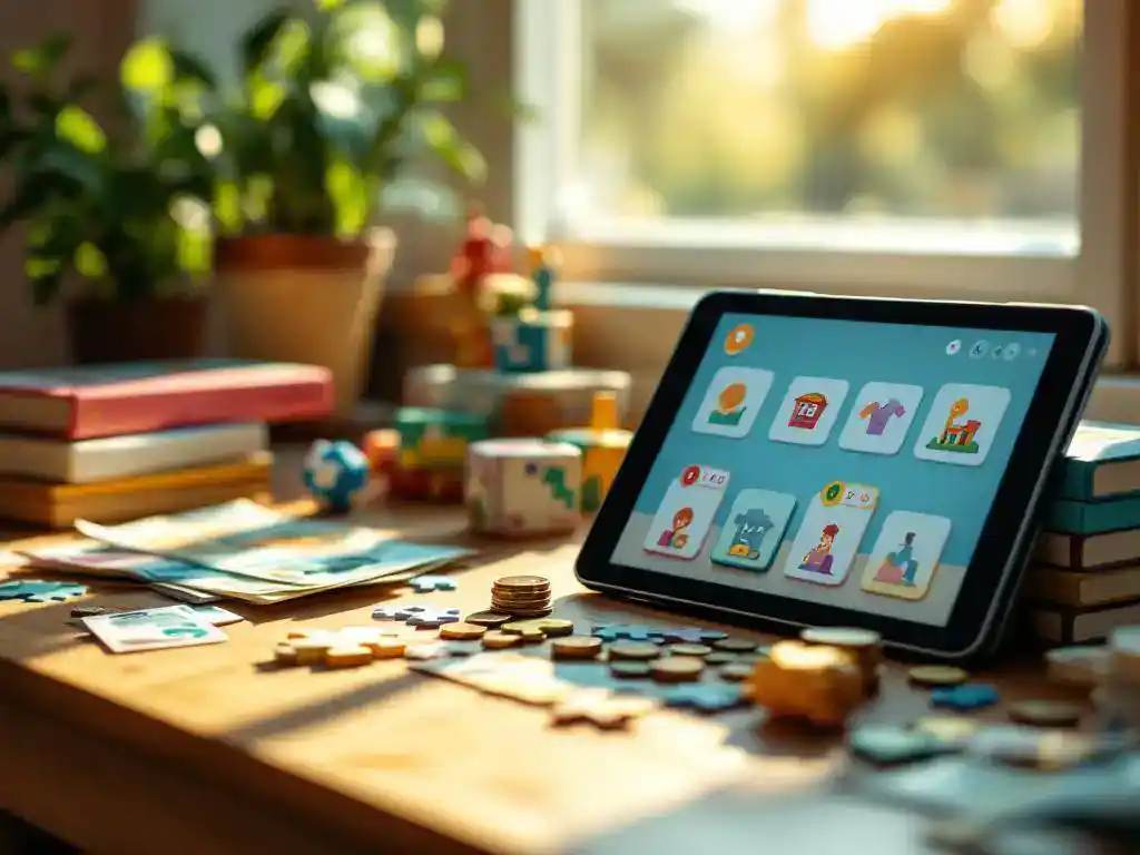 Houten bureau met kleurrijke educatieve bordspellen, tablet met leer-app, en eurobiljetten in warm zonlicht