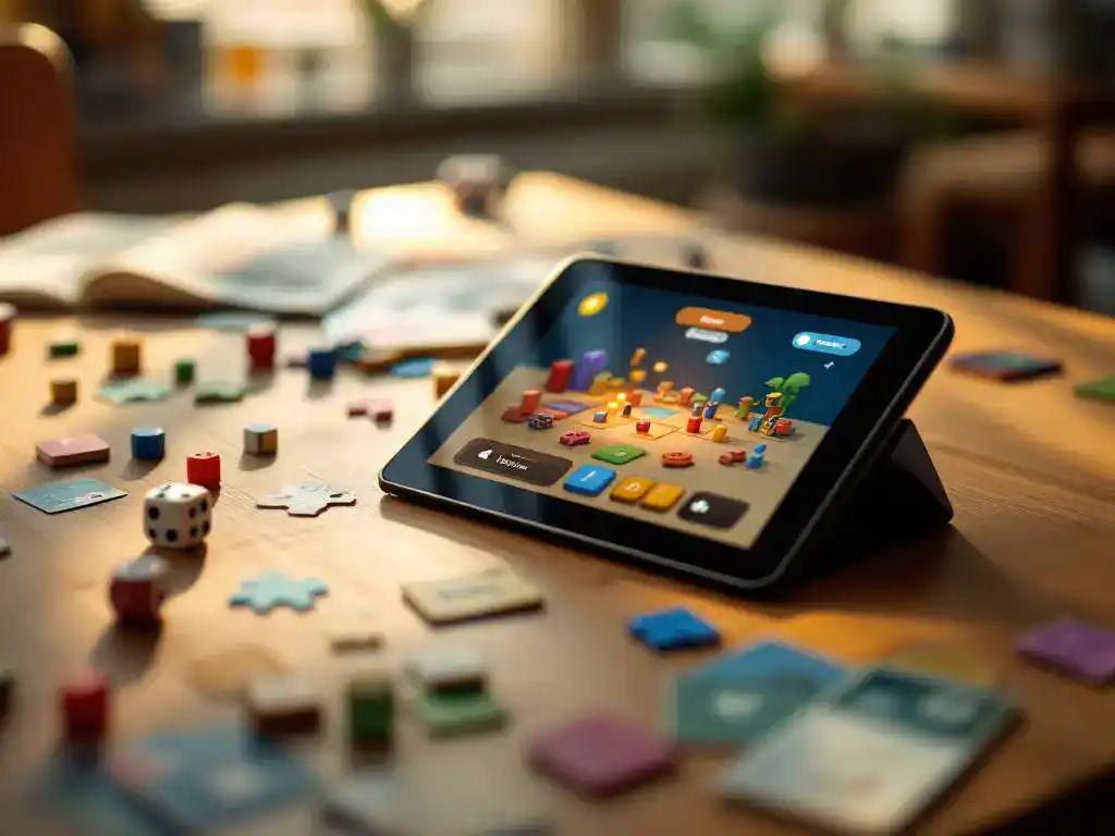 Tablet met educatieve game op houten bureau omringd door kleurrijke bordspelstukken en leermaterialen