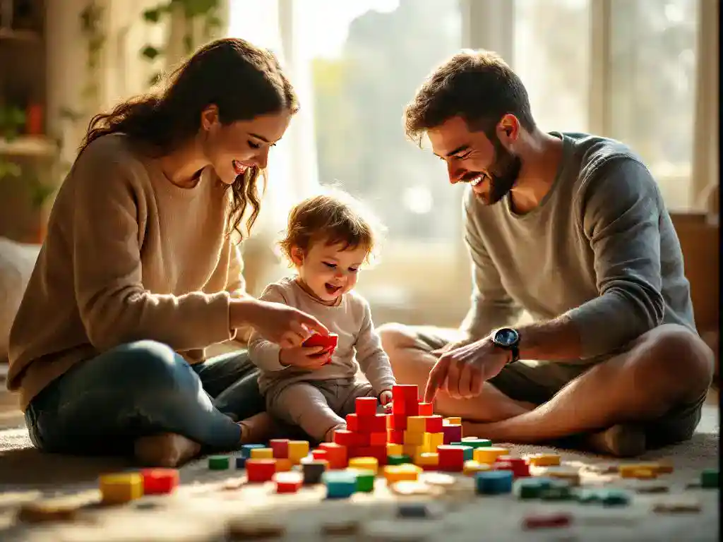 Familie speelt samen met houten blokken op tapijt, kind plaatst rode blok met hulp van ouders in zonlicht