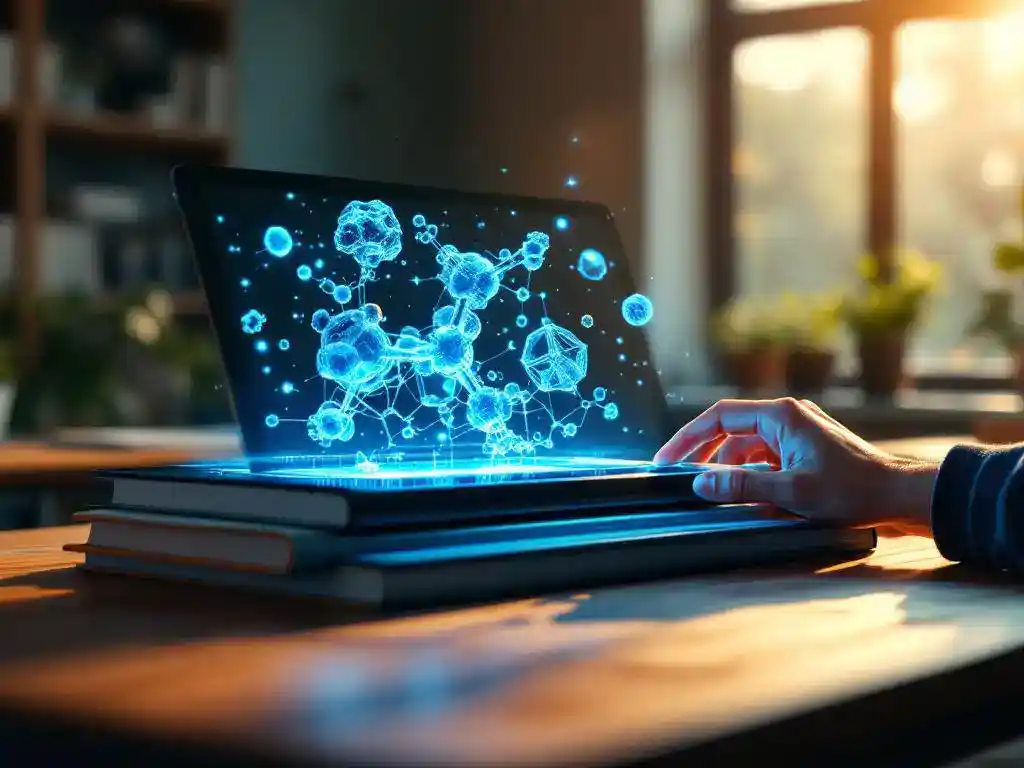 Holografische tablet toont 3D moleculaire structuren op moderne schoolbank, student reikt naar het gloeiendeScherm
