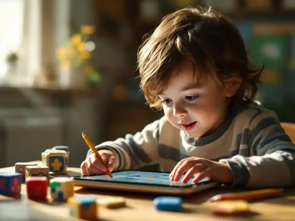 Kind speelt geconcentreerd educatief spel op tablet aan houten bureau met kleurrijke leerblokken en potloden