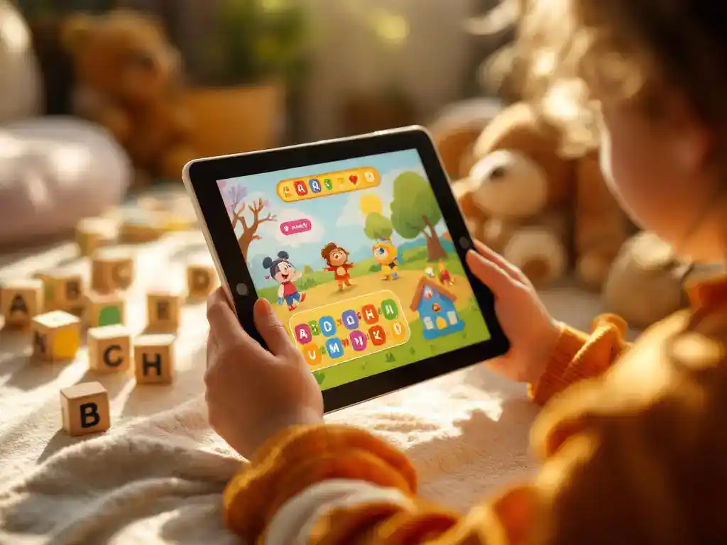 Kind houdt kleurrijke tablet met educatief spel vast, omringd door houten alfabetblokken en knuffels in warme woonkamer