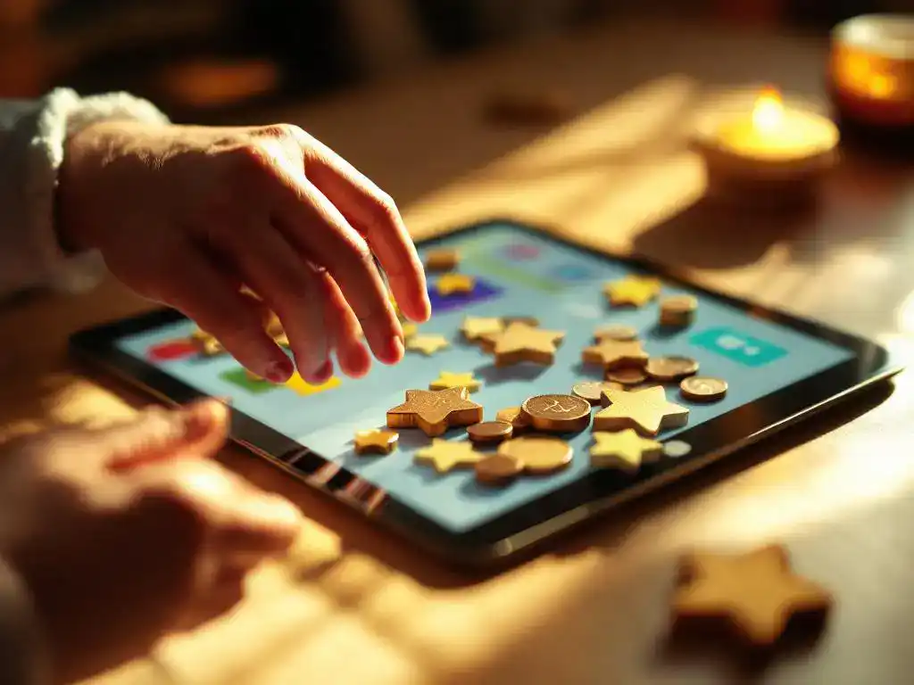 Kind reikt naar gouden sterren en bronzen munten op tablet met wiskundespel in warme leeromgeving