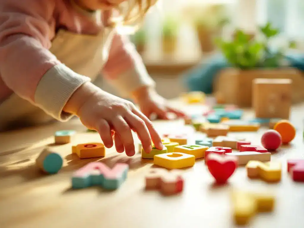 Kinderhanden reiken naar kleurrijke houten alfabetblokken op tafel met educatief speelgoed in natuurlijk zonlicht