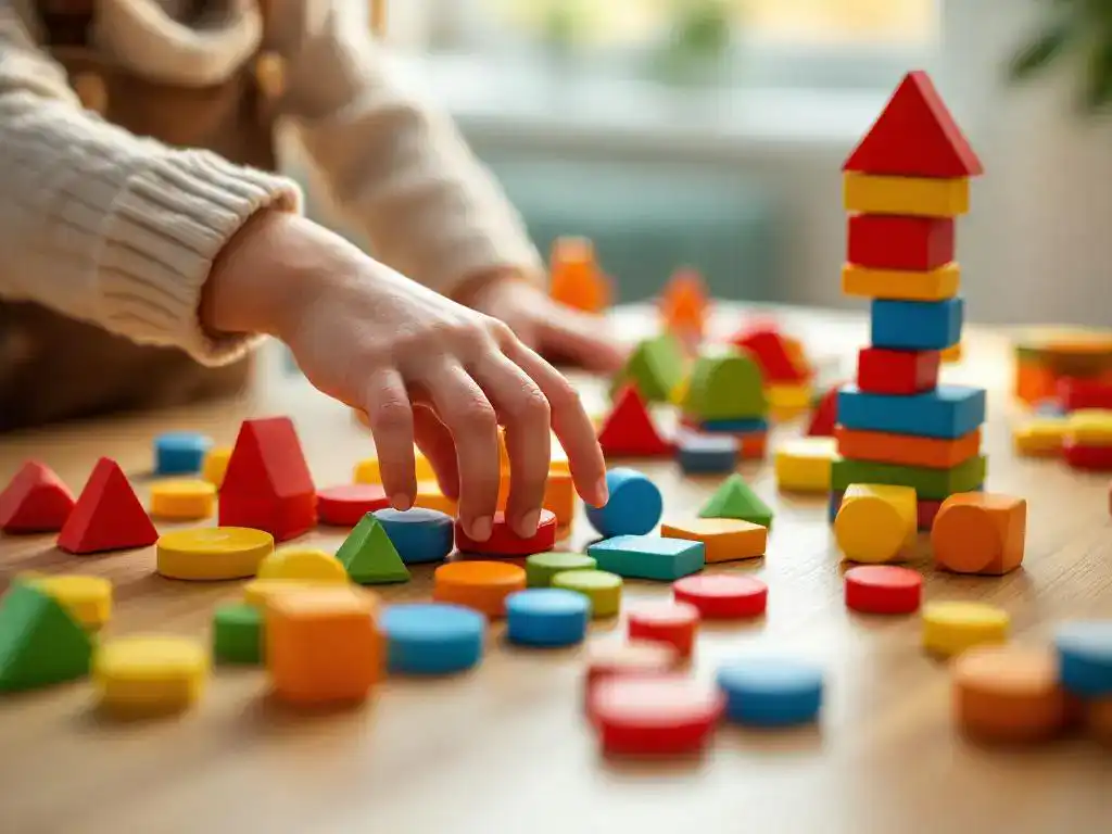 Kind steekt handen uit naar kleurrijke houten blokken op eiken tafel, educatief speelgoed in primaire kleuren