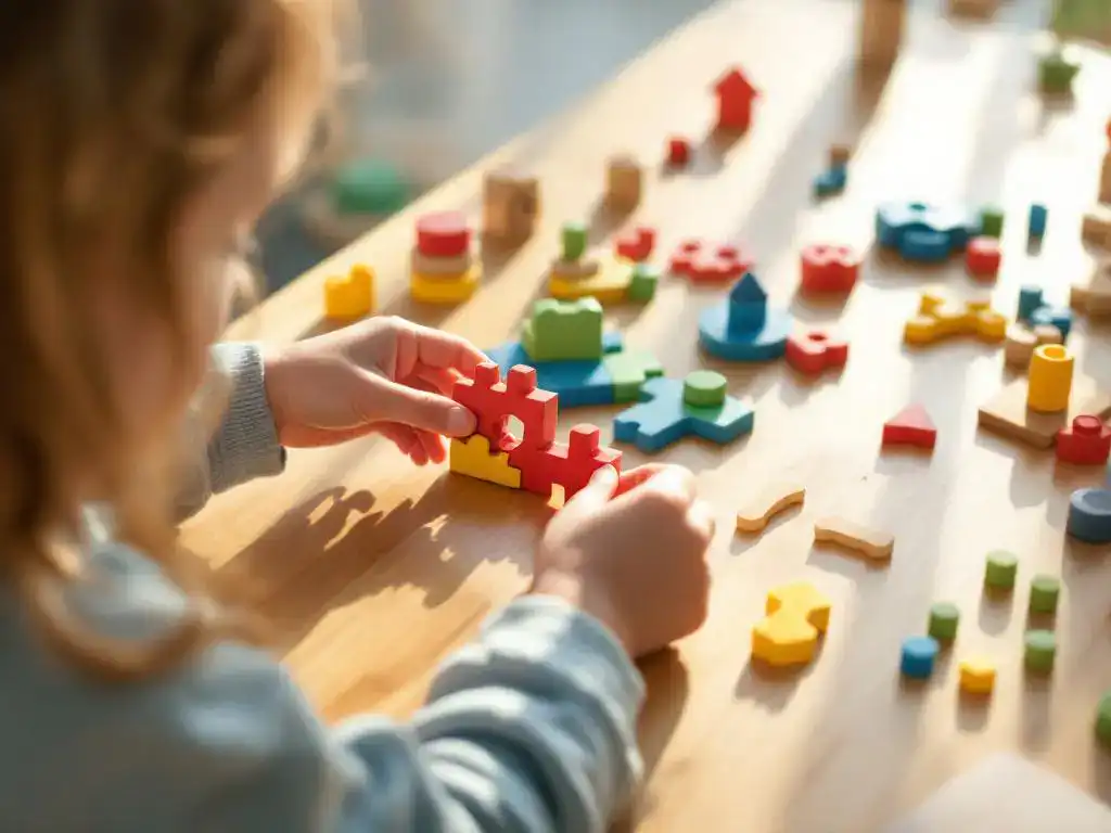 Kind houdt kleurrijk houten puzzelstukje vast, omringd door educatief speelgoed op houten tafel bij raam