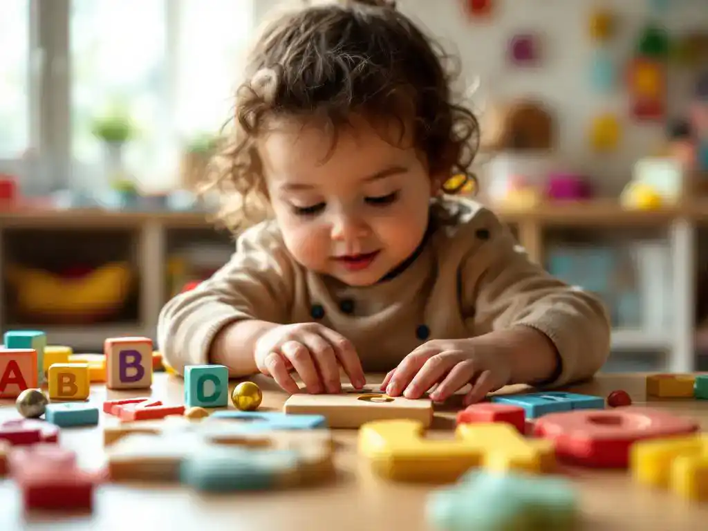 Kind ontdekt houten puzzelstuk tussen kleurrijke leermaterialen op heldere klaslokaal tafel in natuurlijk zonlicht