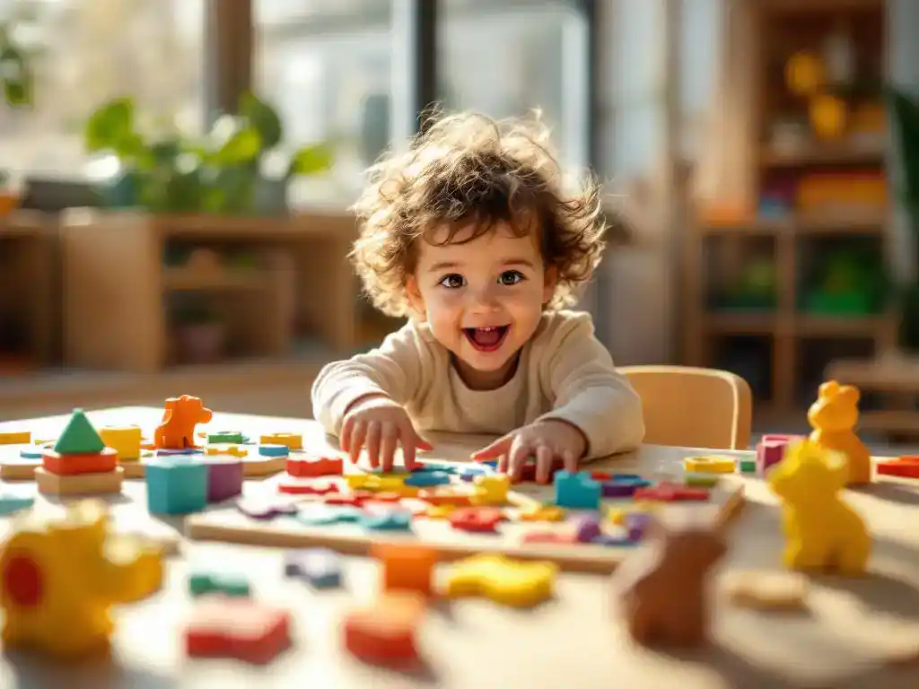 Kind steekt handen uit naar kleurrijke houten dierenpuzzel op klaslokaal tafel, educatief speelgoed zichtbaar op achtergrond