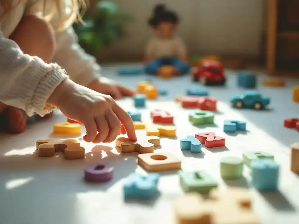 Kind grijpt naar houten puzzelstuk in vorm van letter, omringd door kleurrijke educatieve blokken op speelmat