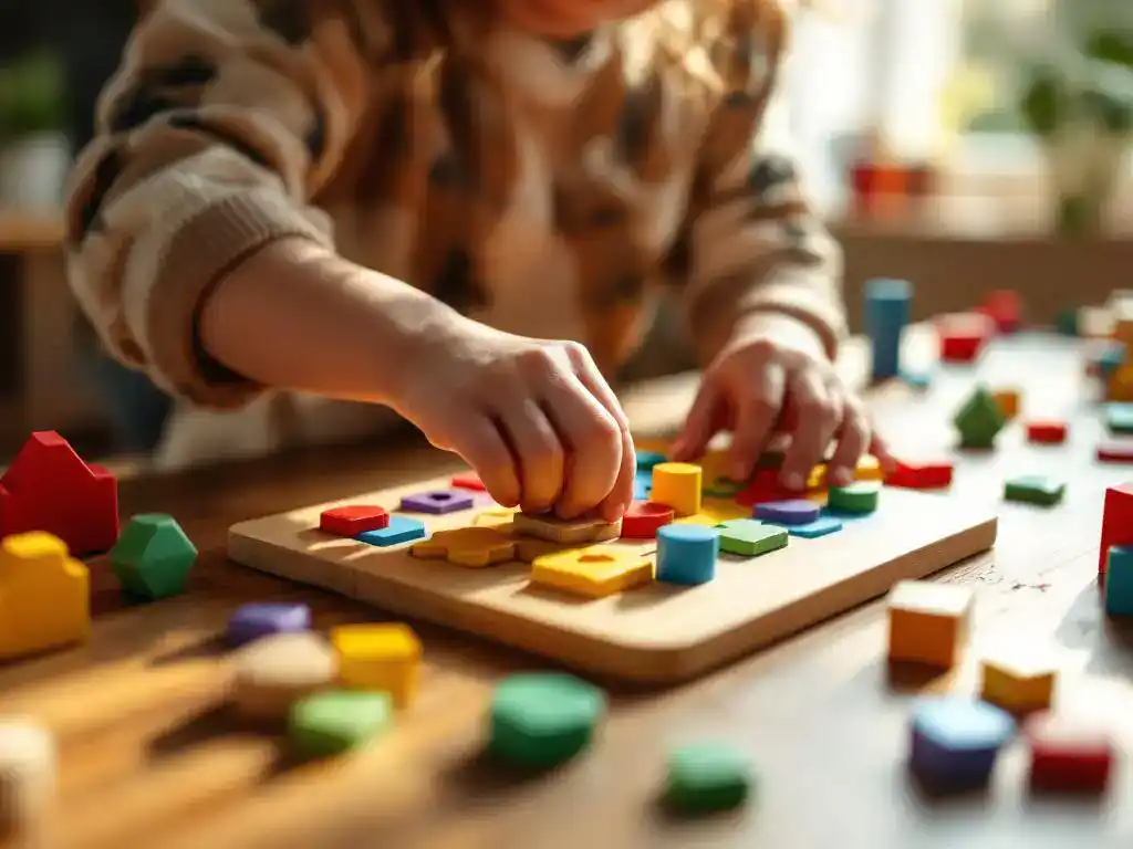 Kind speelt met kleurrijke houten puzzelstukjes op educatief speelbord, leerspeelgoed en bouwblokken op tafel