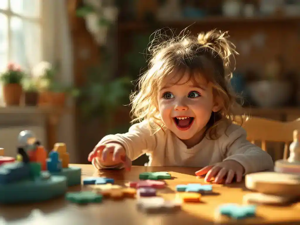 Kind reikt enthousiast naar kleurrijk houten puzzelstukje aan tafel met educatief speelgoed in warm zonlicht