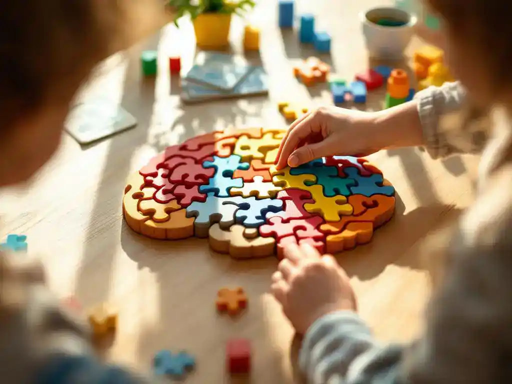 Kind plaatst kleurrijke houten puzzelstukjes in hersenvormige puzzel op eiken tafel met educatief speelgoed in zonlicht