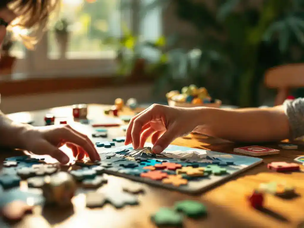 Kind speelt met kleurrijke houten puzzelstukjes aan tafel, voltooide bergpuzzel ernaast in warm zonlicht
