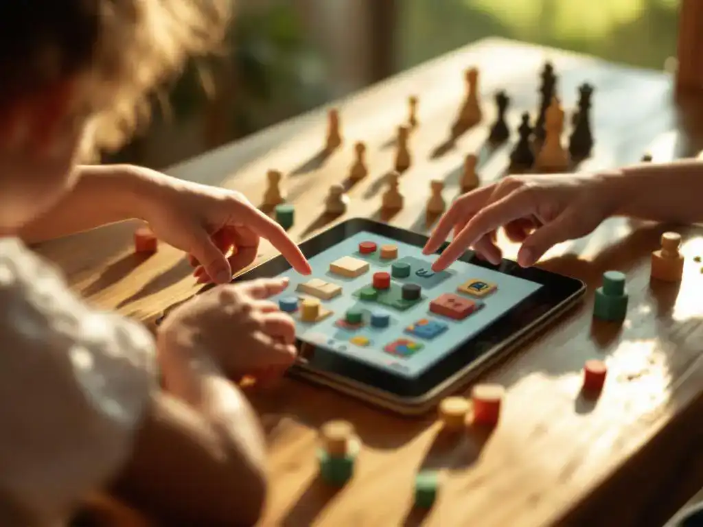 Kind speelt met schaakstukken en houten blokken naast tablet met educatieve app op houten tafel in zonlicht