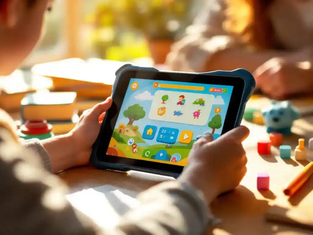 Kind houdt kleurrijke tablet vast met educatief spel, omringd door speelgoed en boeken op houten bureau thuis