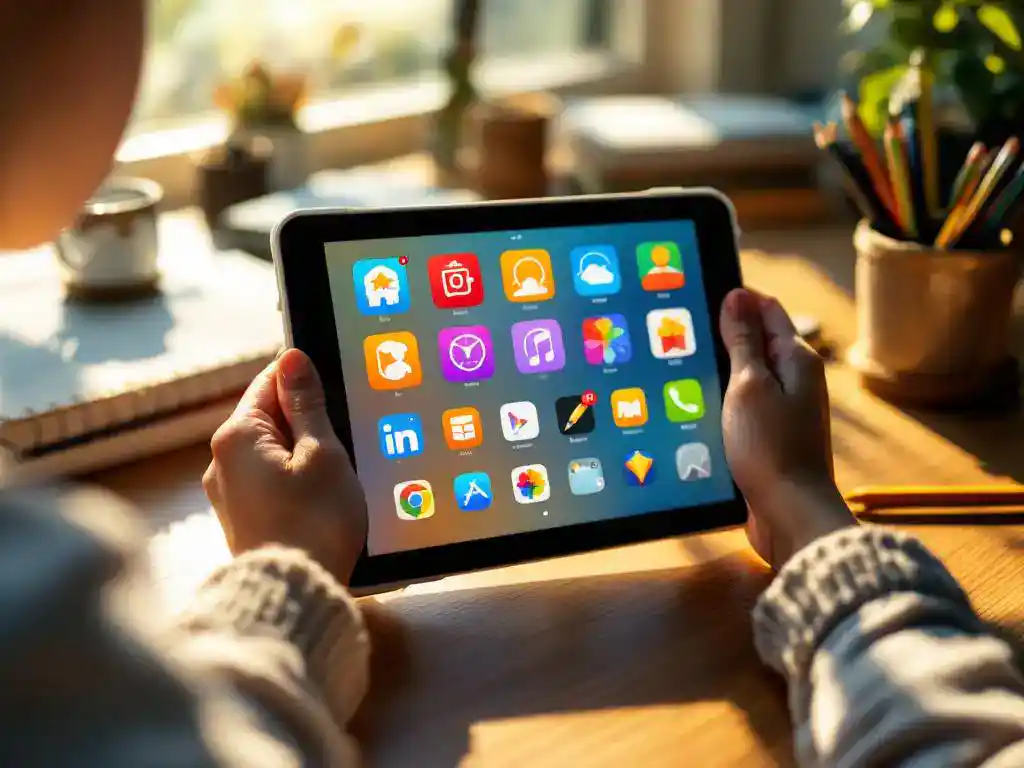 Kind houdt tablet met educatieve app-iconen vast op houten bureau met schoolspullen in warm zonlicht
