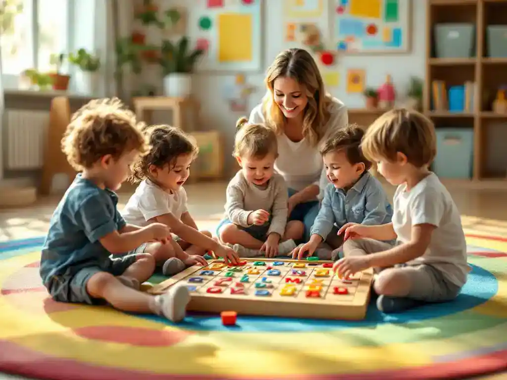 Kinderen spelen samen een houten letterspel op kleurrijk klaslokaalvloerkleed met lachende lerares erbij