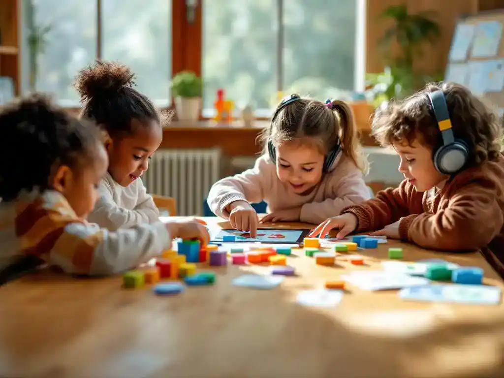 Diverse kinderen spelen met educatief speelgoed aan houten tafel in klaslokaal met natuurlijk licht