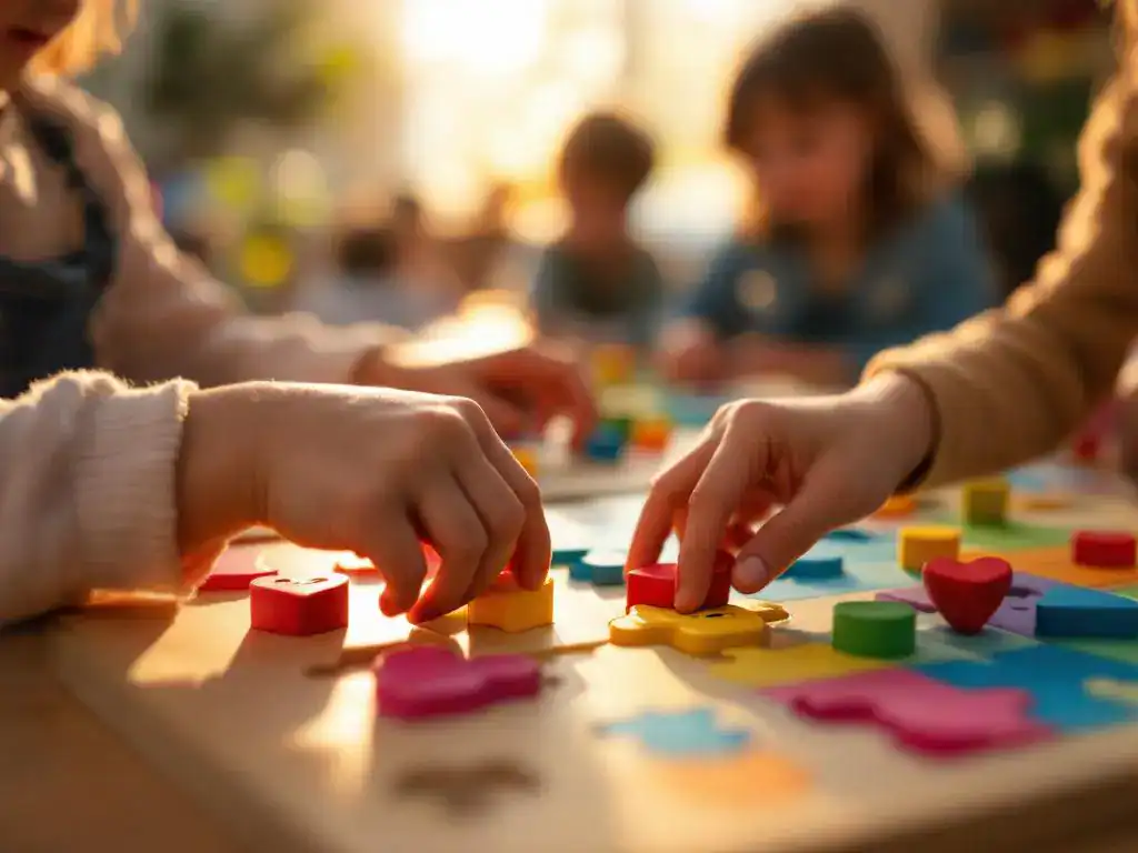 Kind plaatst kleurrijke houten puzzelstukjes in vormvakjes op educatief spelbord in warme klaslokaal setting