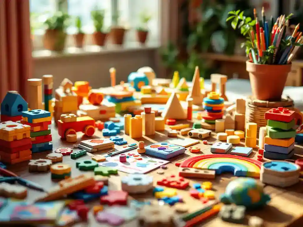 Kleurrijk kinderspeelgoed en educatieve spellen uitgespreid op houten speeltafel met natuurlijk licht