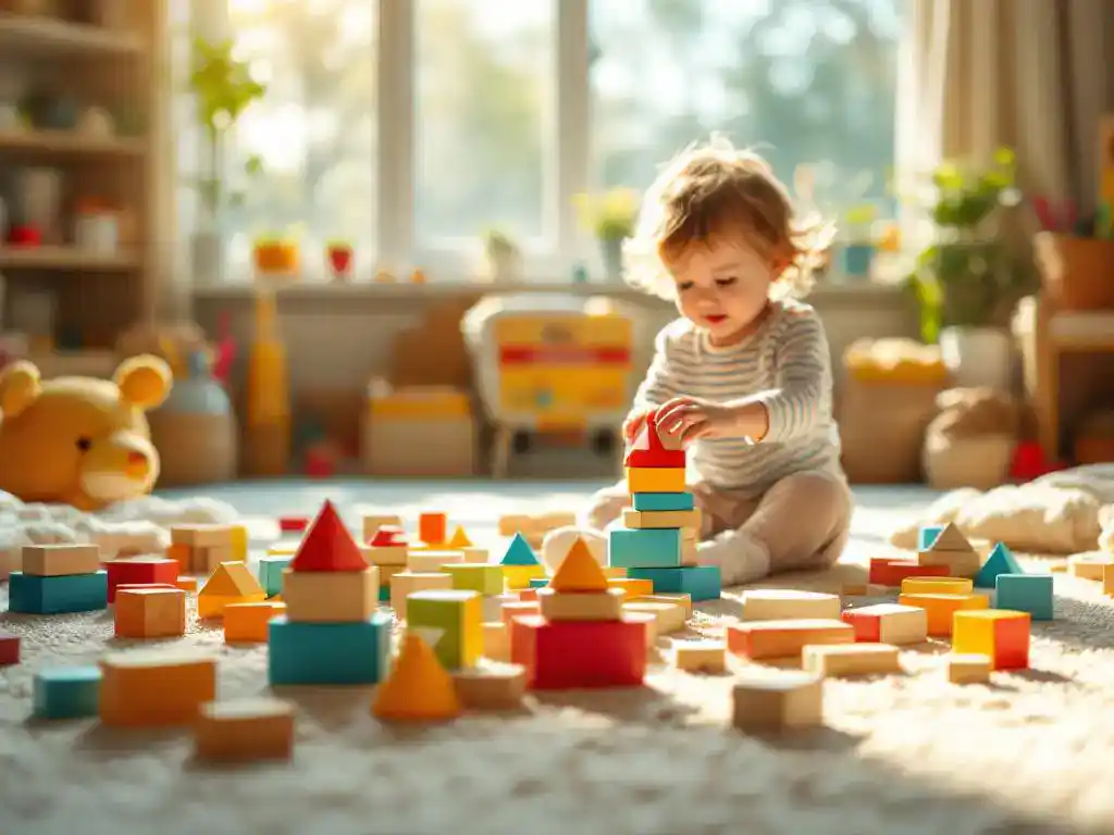 Kind stapelt kleurrijke houten blokken in zonnige speelkamer met educatief speelgoed en puzzelstukjes op zachte vloer