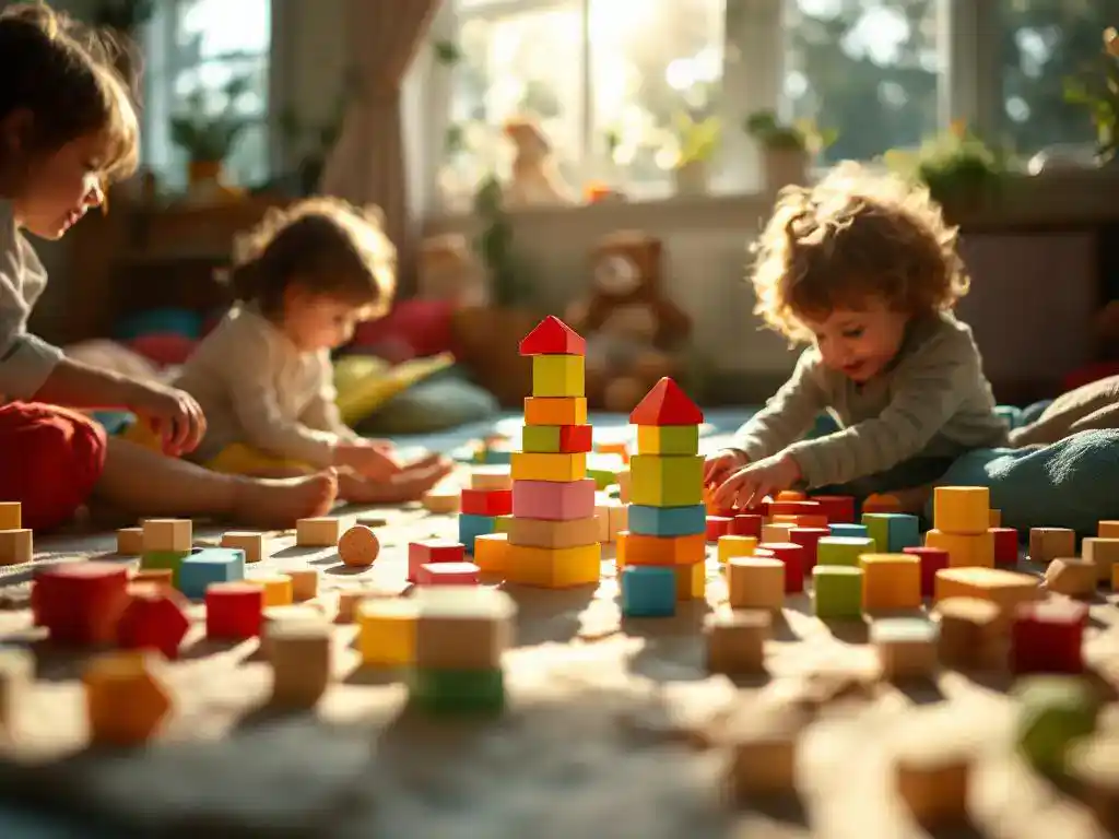 Kinderen spelen met kleurrijke houten blokken op speelmat in zonnige kinderdagverblijf met leeshoek op achtergrond