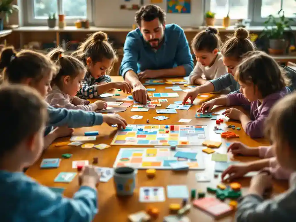 Diverse groep kinderen en volwassenen speelt educatieve bordspellen aan houten tafel in gezellige klaslokaal setting