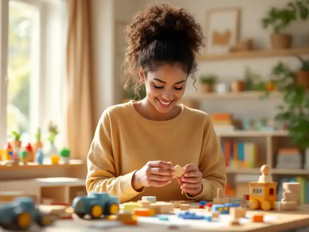 Kleuterleidster onderzoekt houten educatief speelgoed in warme klaslokaal met kinderboeken en leermaterialen
