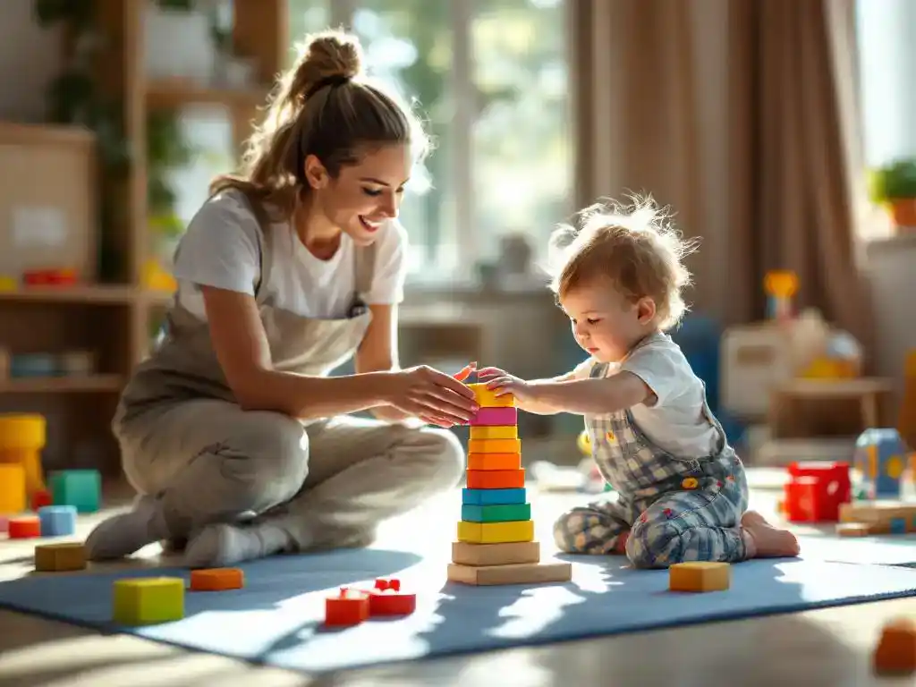 Kinderopvangmedewerkster knielt op ooghoogte van kind en helpt met houten blokken op speelmat in zonnige ruimte