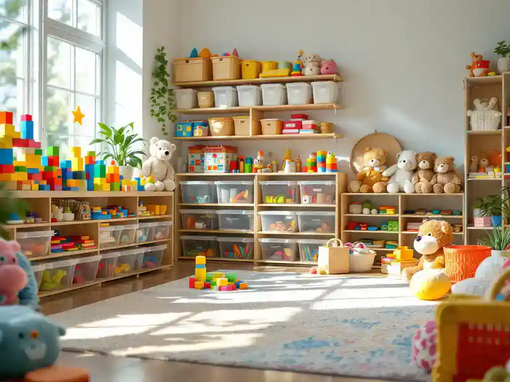 Georganiseerde kinderspeelkamer met kleurrijk speelgoed in doorzichtige bakken, houten planken en natuurlijk licht