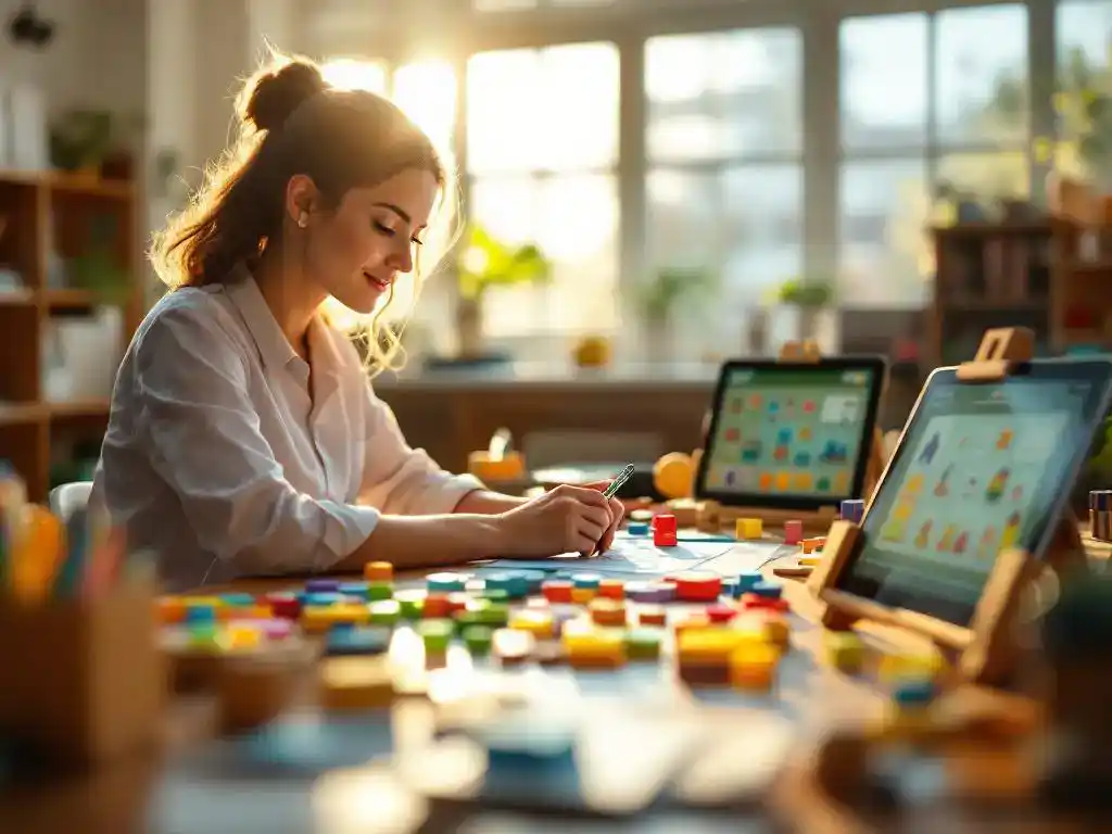 Professionele leraar werkt geconcentreerd met educatieve spelletjes en tablets op klaslokaalbureau in natuurlijk licht