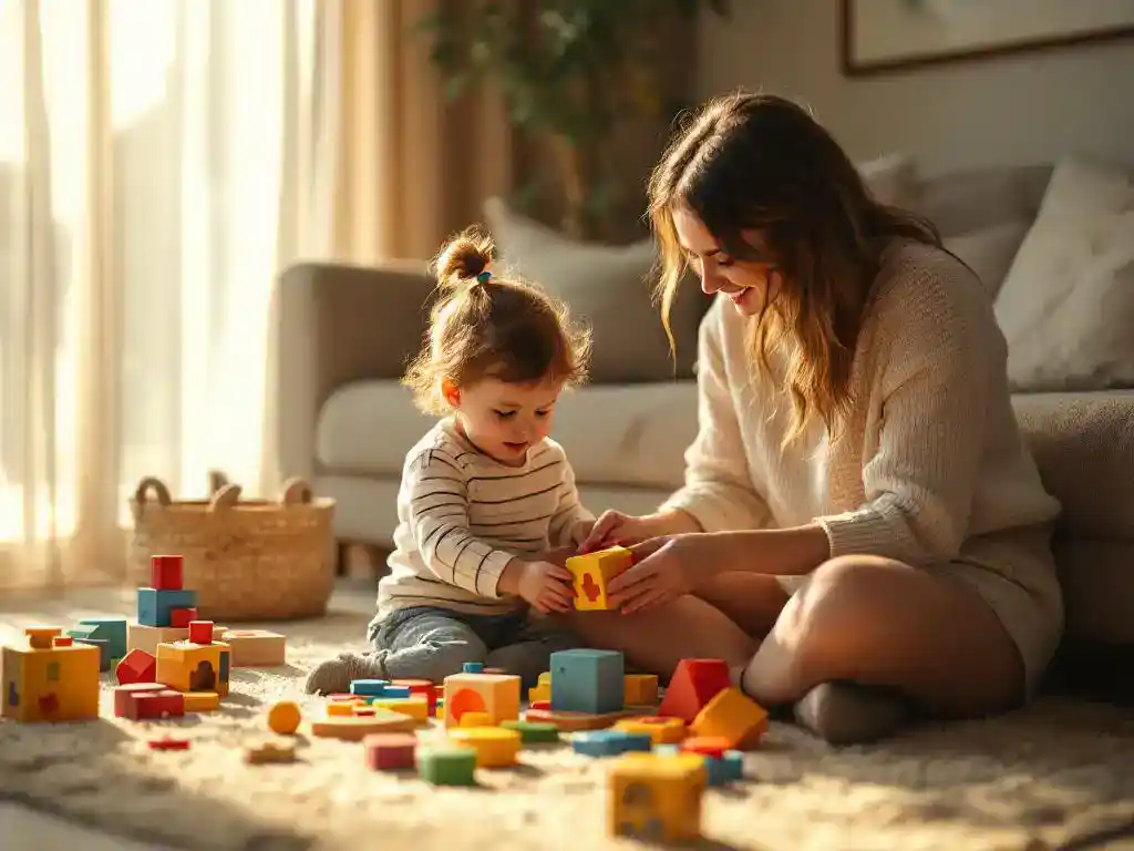Moeder en kind spelen samen met houten educatief speelgoed op vloerkleed in warme, zonnige woonkamer