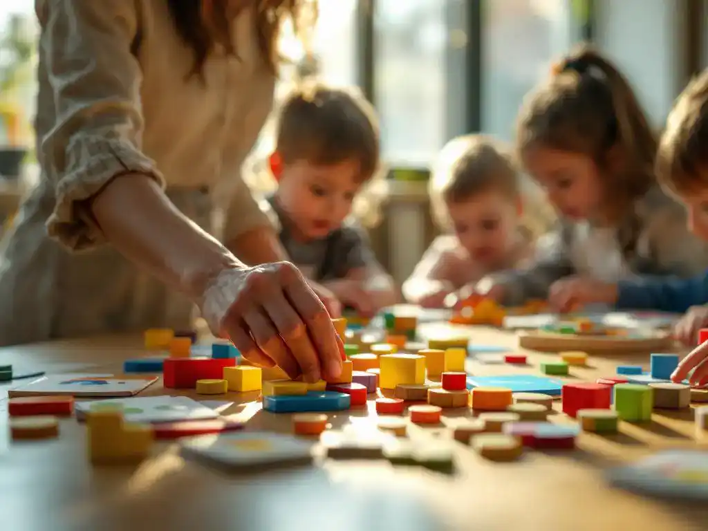 Leraar rangschikt kleurrijke houten leerspelletjes op klaslokaal tafel terwijl kinderen reiken naar puzzelblokken