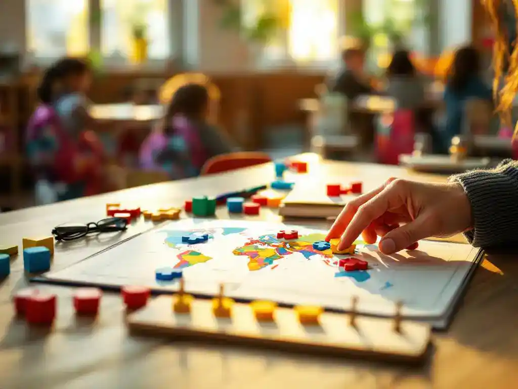 Leraar plaatst puzzelstuk op wereldkaart-educatief spel op klaslokaalbureau met lesplanboek en leermaterialen