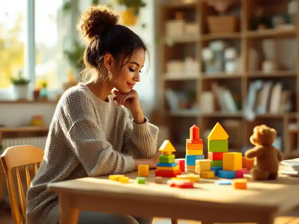 Leraar knielt naast houten tafel met educatief speelgoed, blokken en puzzelstukjes in warm verlicht klaslokaal