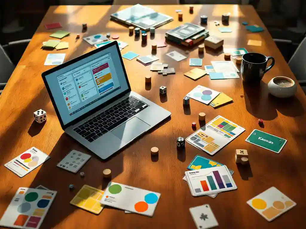 Moderne vergadertafel met kleurrijke bordspellen, projectkaarten en laptop met digitaal Kanban-bord tussen speelstukken