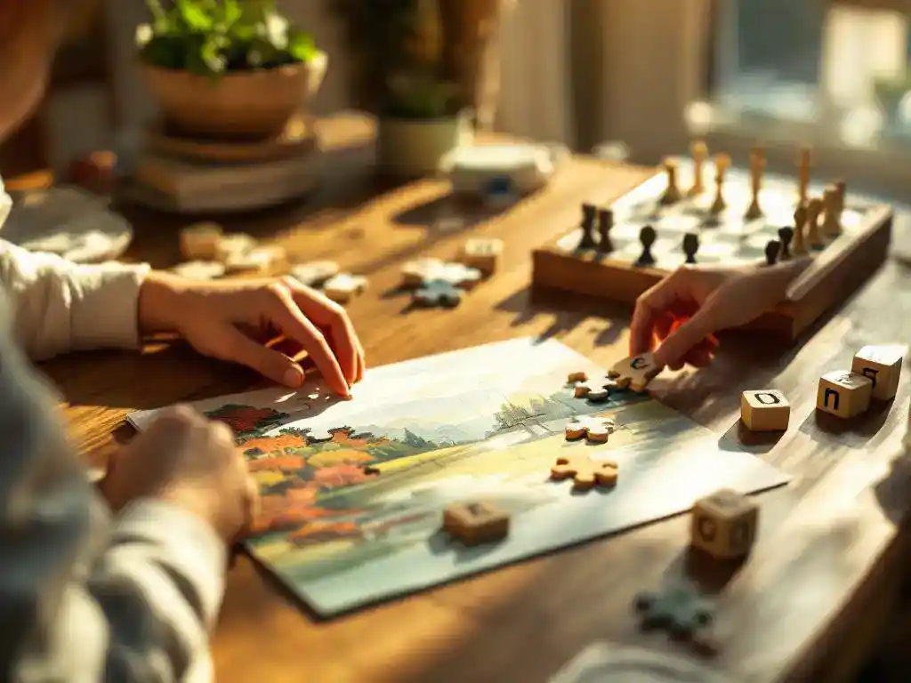 Kind plaatst puzzelstukje op tafel met educatief speelgoed, schaakspel en houten blokken in warm zonlicht