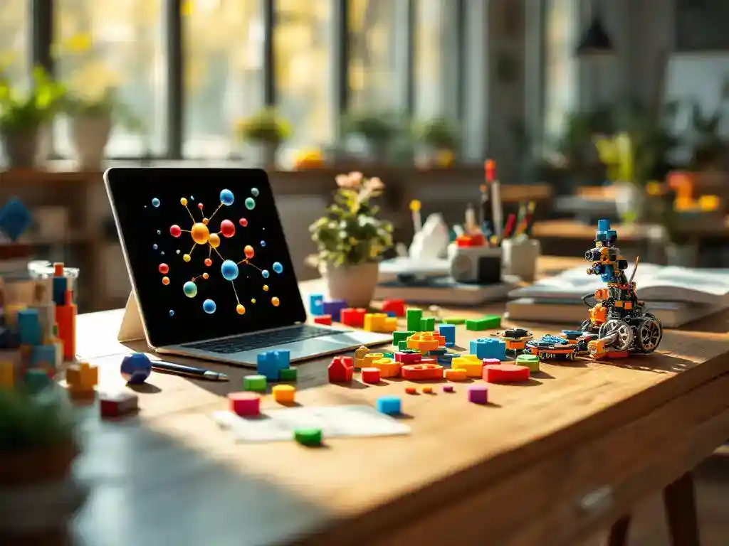 STEM-leermateriaal op klaslokaalbureau: bouwblokken, tablet met moleculen, robotica-kit en wiskundeboeken in daglicht