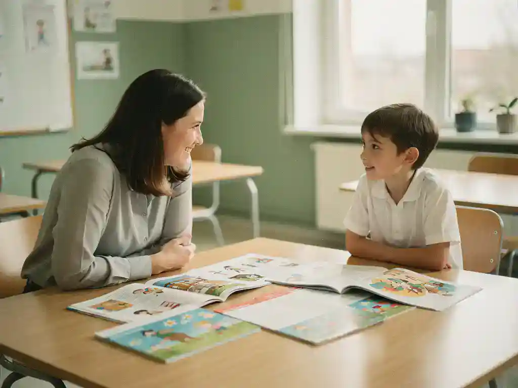 Onderwijsadviseur en basisschoolleerkracht bekijken samen kleurrijke lesmaterialen aan een lichte houten tafel in een moderne klas.
