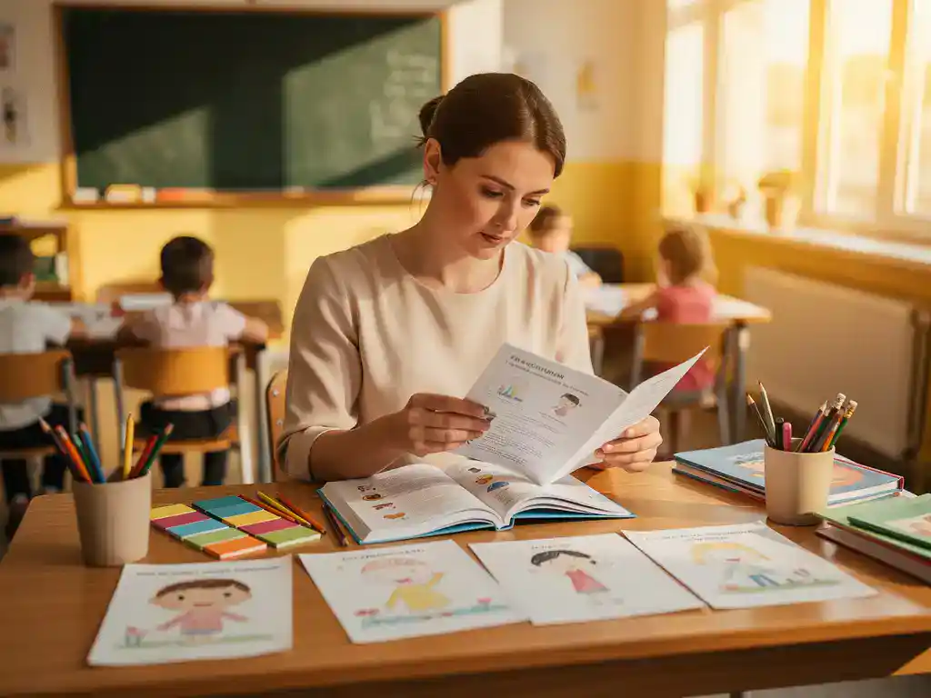 Basisschoolleraar bekijkt curriculumdocument aan houten bureau, omringd door leermateriaal en open tekstboeken in zonnig klaslokaal.