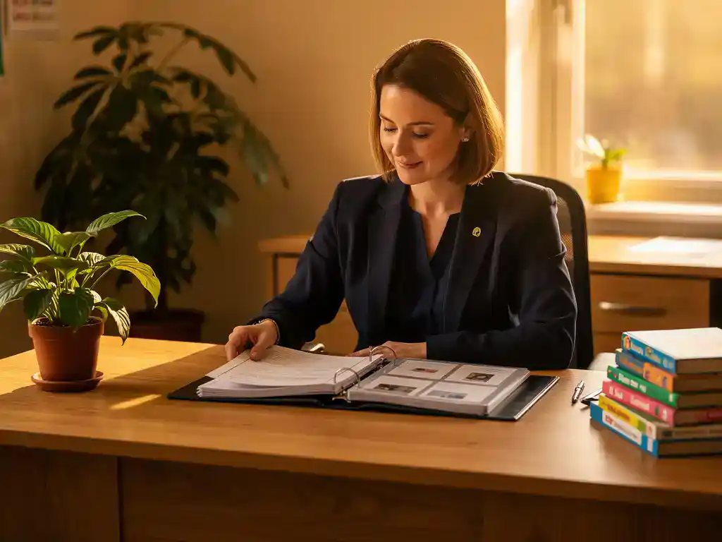 Zelfverzekerde basisschooldirecteur bekijkt professioneel portfolio aan houten bureau, met plant en onderwijsboeken in warm klaslokaal.